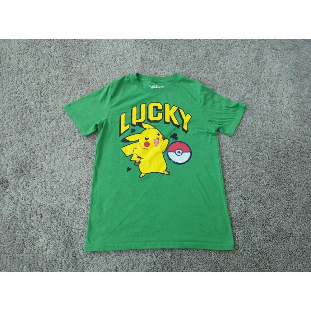 Pokémon Pikachu T Shirt Youth Boys XL Green "Lucky" Pokeball Flip Sequin